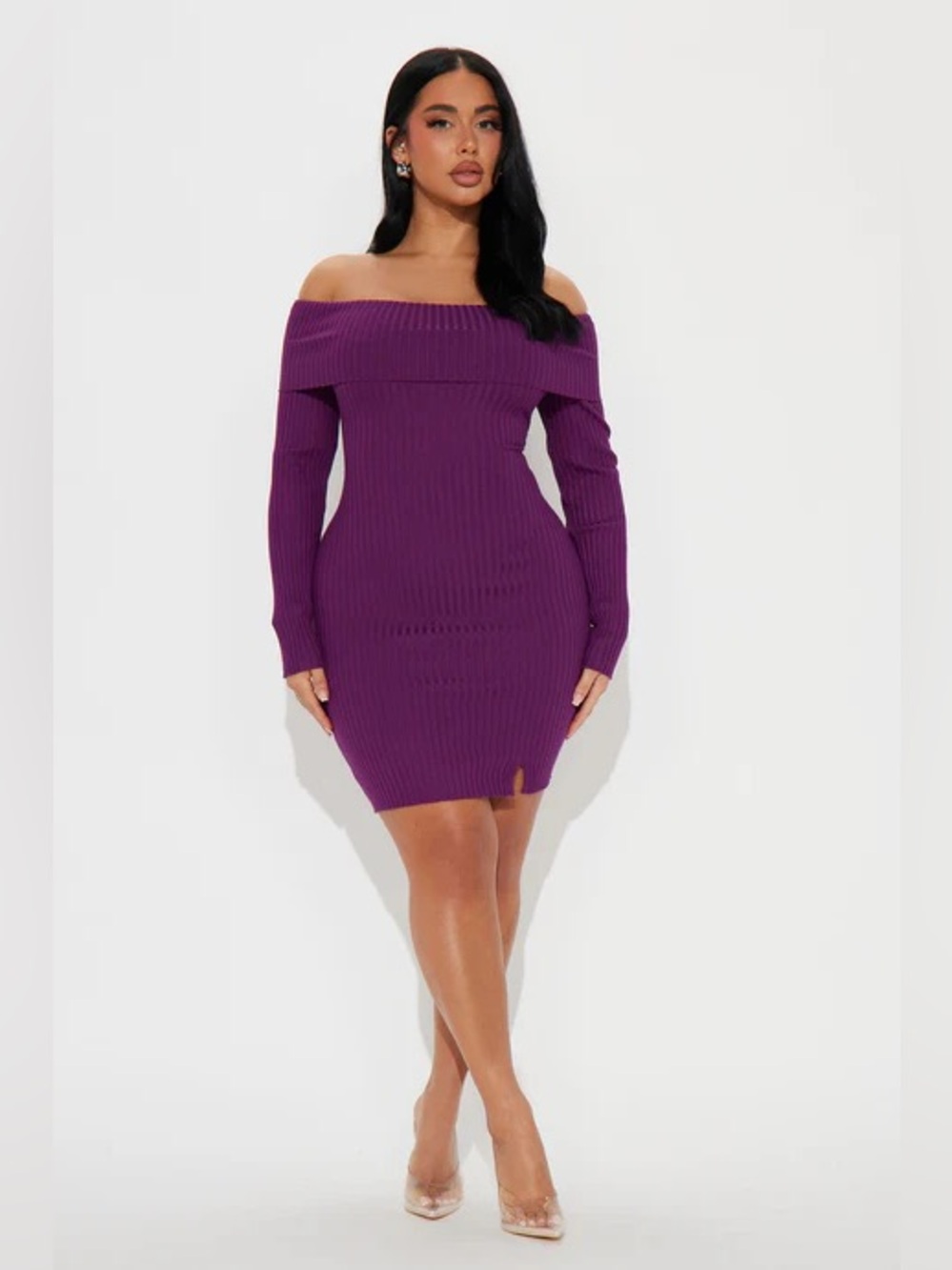 Fashion Nova Off-Shoulder Ribbed Bodycon Dress in Purple